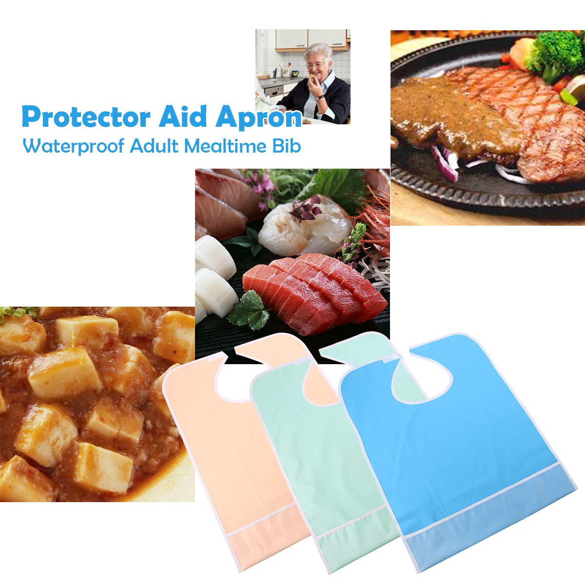 ELEPHANTBOAT PVC Waterproof Adult Mealtime Bib Reusable Washable Fast Dry Bid Clothing Protector (Light Blue) ELEPHANTBOAT PVC Waterproof Adult Mealtime Bib Reusable Washable Fast Dry Bid Clothing Protector (Light Blue)